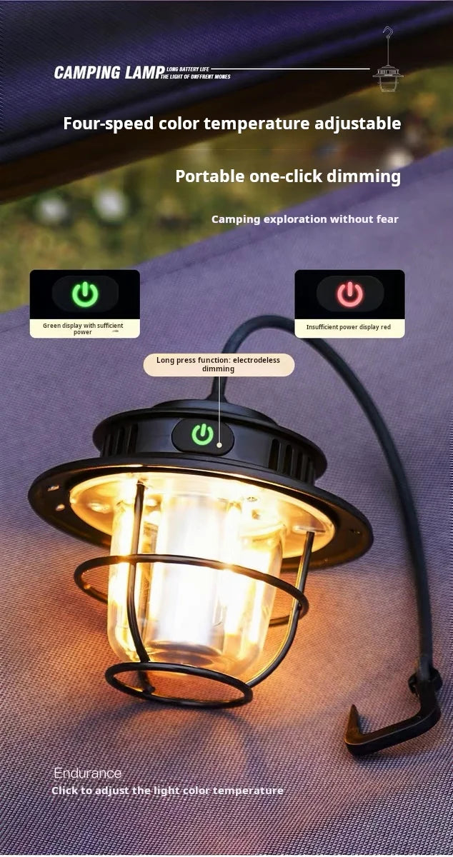 Lampe de Camping LED Rétro – Portable, Étanche, Rechargeable et à Intensité Variable