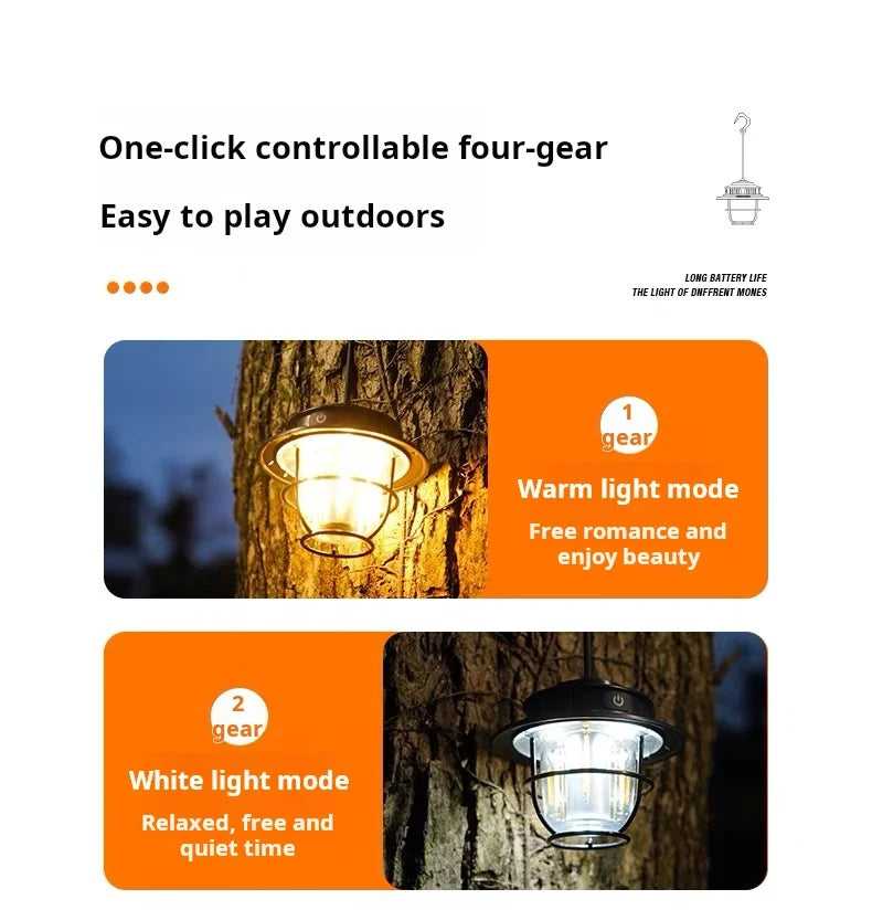 Lampe de Camping LED Rétro – Portable, Étanche, Rechargeable et à Intensité Variable